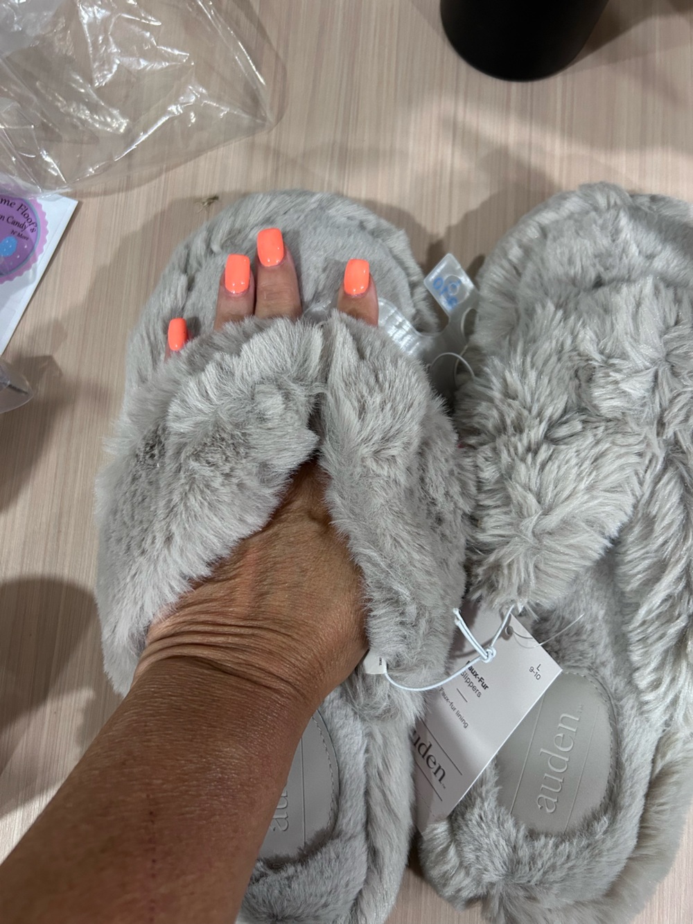 Auden Plush Faux Fur Slide Slippers - Light Gray